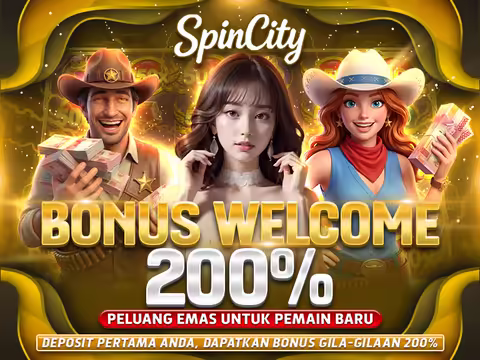 Ilustrasi welcome bonus 200 persen SpinCity untuk member baru.